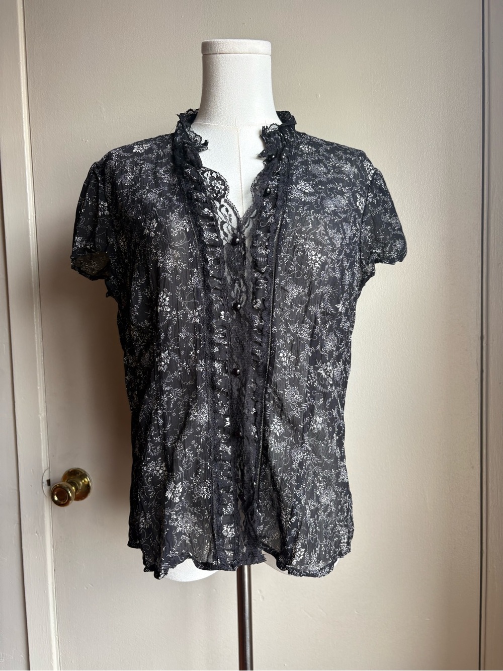 faded glory floral sheer ruffle lace button front shirt